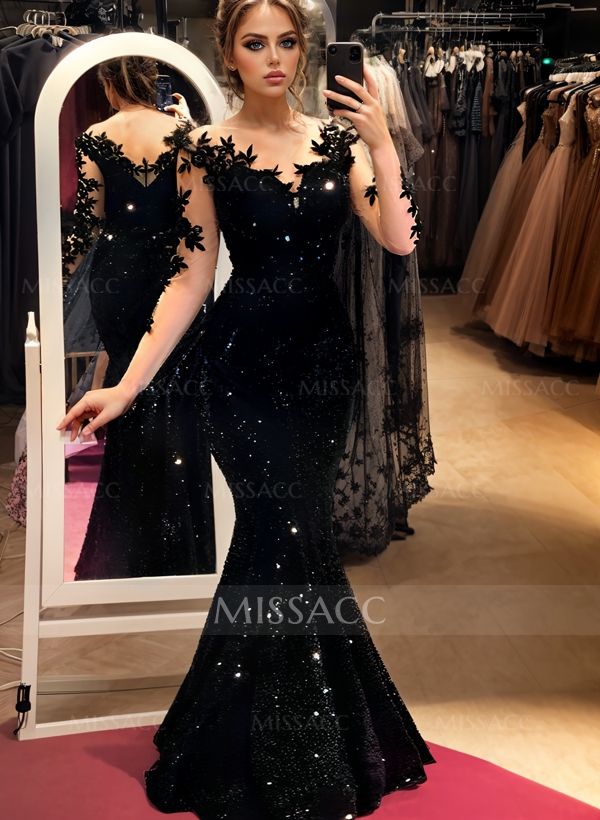 Trumpet/Mermaid Illusion Neck Long Sleeves Sweep Train Velvet Sequin Prom Dresses With Appliques Lace