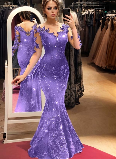 Trumpet/Mermaid Illusion Neck Long Sleeves Sweep Train Velvet Sequin Prom Dresses With Appliques Lace