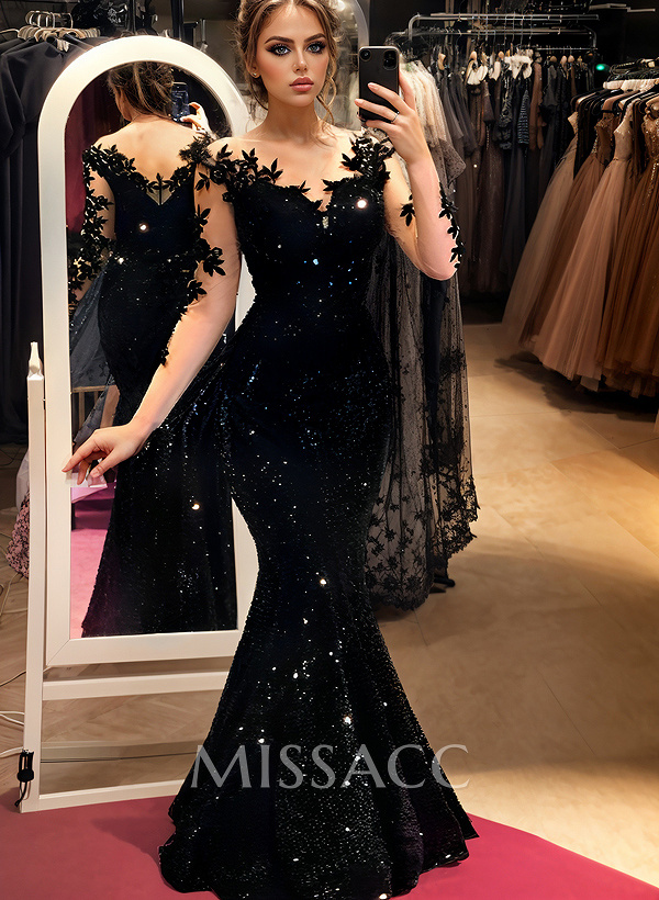 Trumpet/Mermaid Illusion Neck Long Sleeves Sweep Train Velvet Sequin Prom Dresses With Appliques Lace Trumpet/Mermaid Illusion Neck Long Sleeves Sweep Train Velvet Sequin Prom Dresses With Appliques Lace