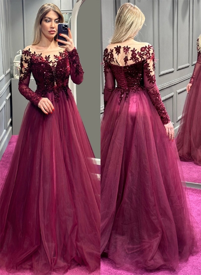 Illusion Neck Tulle Long Prom Dresses With Appliques Lace