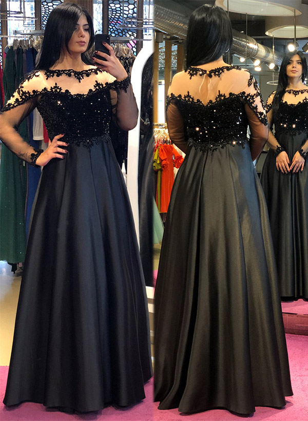 A-Line Long Sleeves Long Prom Dresses With Appliques Lace