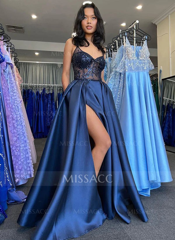 A Line Sequin Prom Dress With Split Front