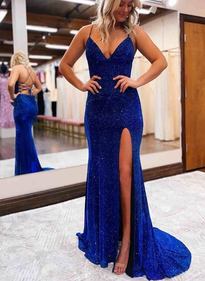A-Line V-Neck Sleeveless Sweep Train Prom Dress With Split Front