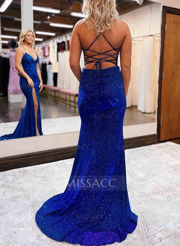 A-Line V-Neck Sleeveless Sweep Train Prom Dress With Split Front