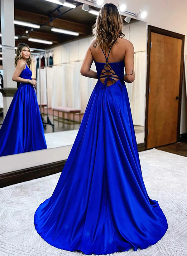 A Line Appliques Lace Prom Dress With Split Front