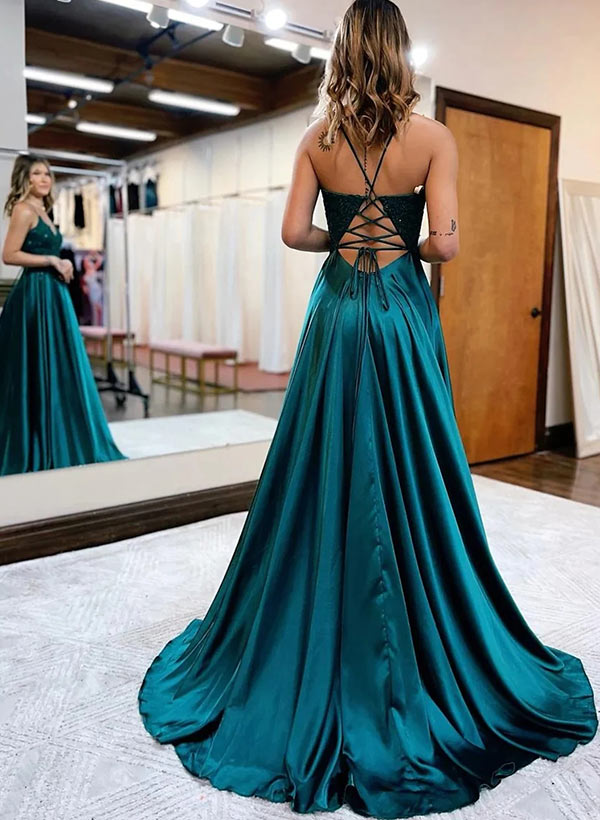A Line  Appliques Lace Prom Dress With Split Front