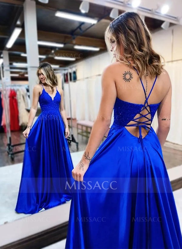 A Line Appliques Lace Prom Dress With Split Front
