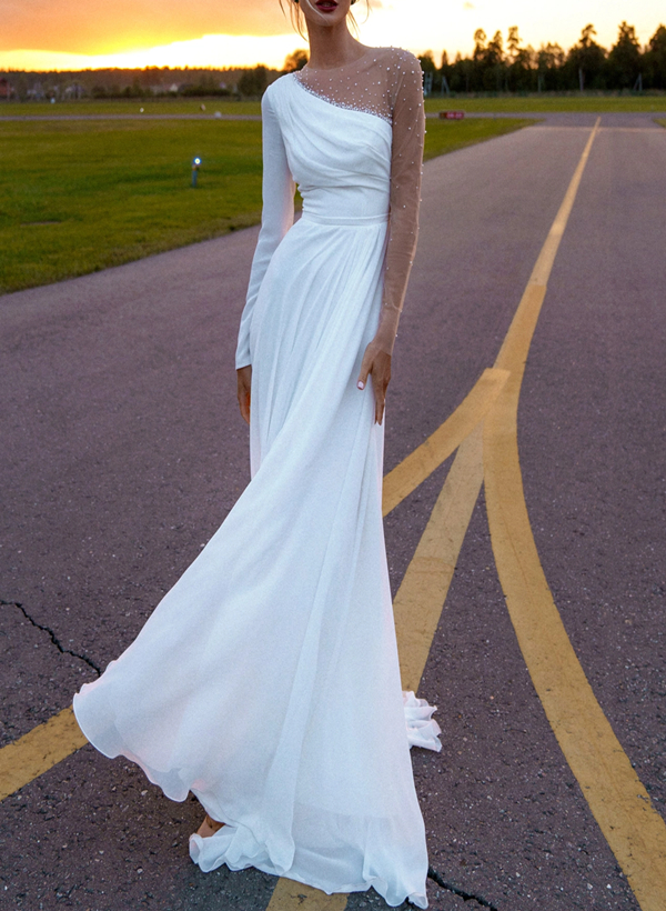 A-Line Scoop Neck Long Sleeves Chiffon Sweep Train Wedding Dress With Beading
