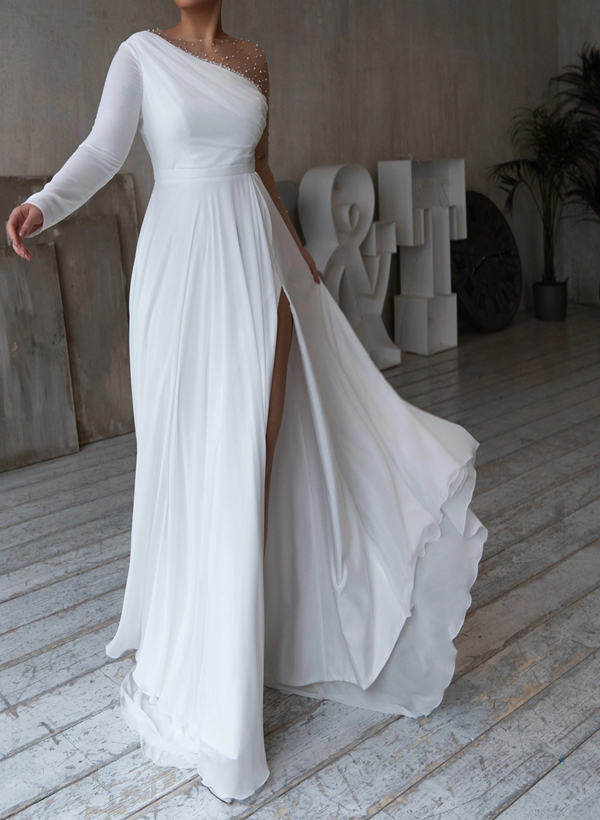 A-Line Scoop Neck Long Sleeves Chiffon Sweep Train Wedding Dress With Beading