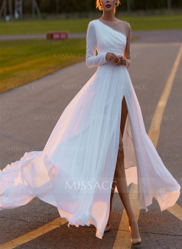 A-Line Scoop Neck Long Sleeves Chiffon Sweep Train Wedding Dress With Beading