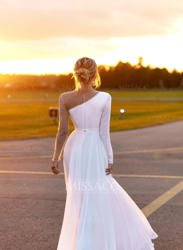 A-Line Scoop Neck Long Sleeves Chiffon Sweep Train Wedding Dress With Beading