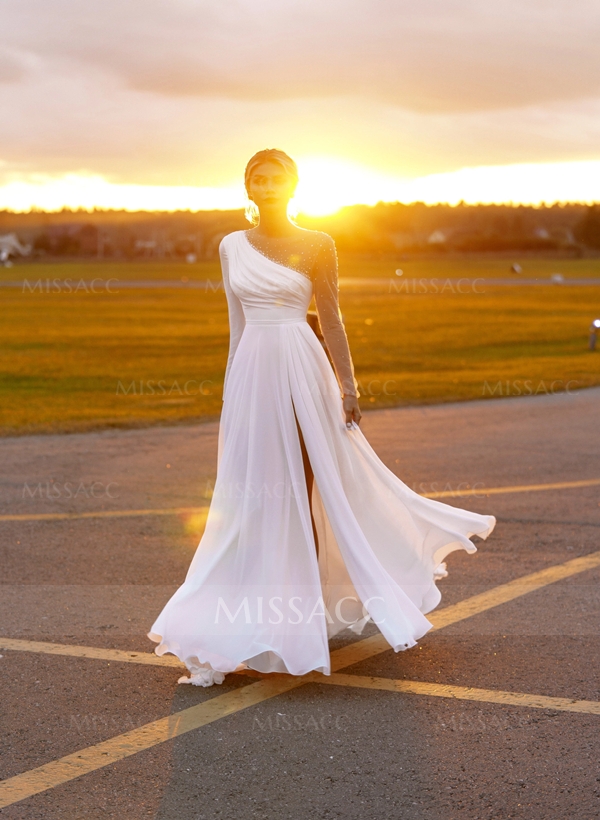 A-Line Scoop Neck Long Sleeves Chiffon Sweep Train Wedding Dress With Beading