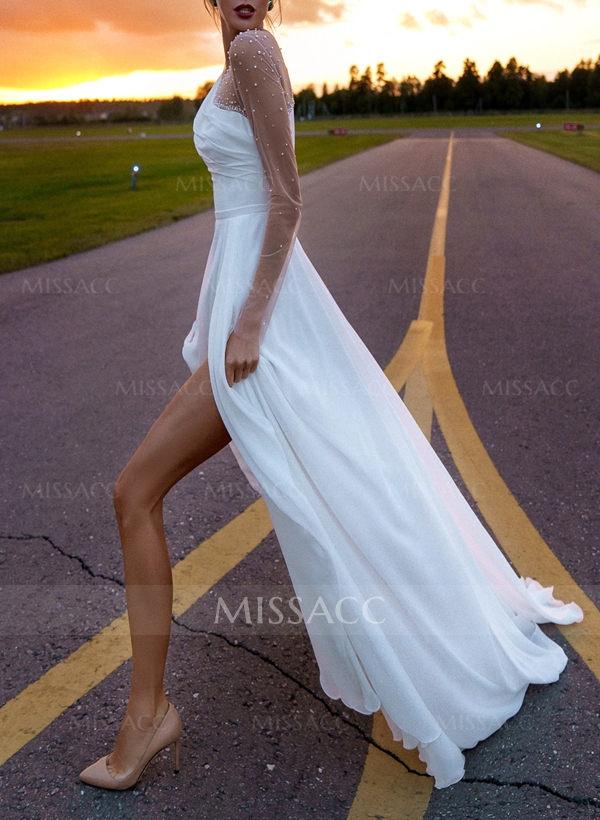 A-Line Scoop Neck Long Sleeves Chiffon Sweep Train Wedding Dress With Beading