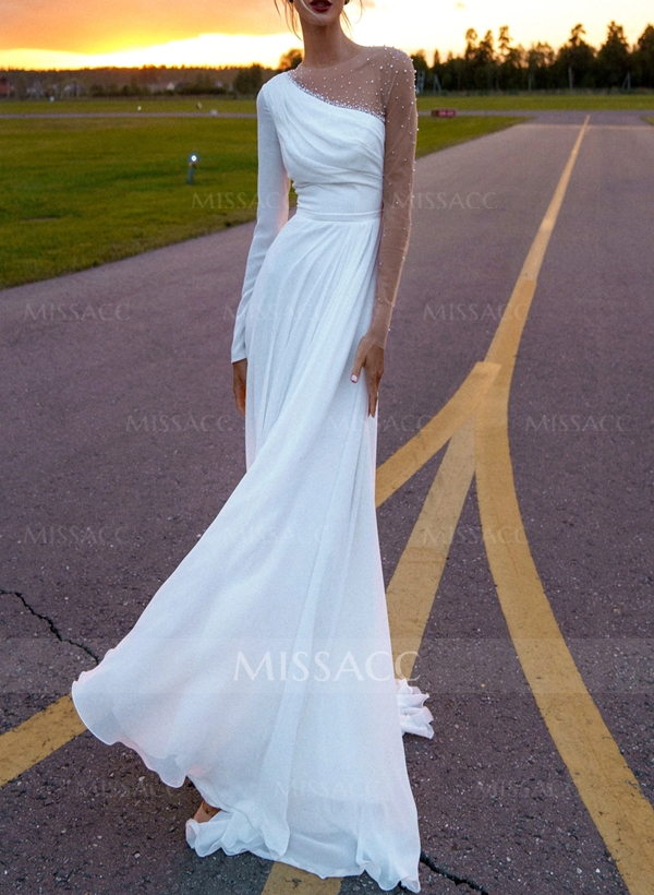 A-Line Scoop Neck Long Sleeves Chiffon Sweep Train Wedding Dress With Beading