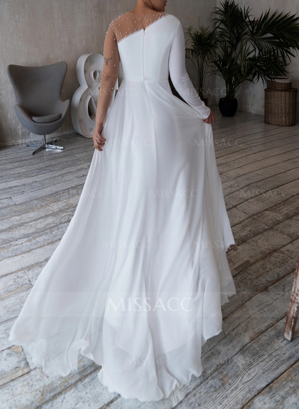 A-Line Scoop Neck Long Sleeves Chiffon Sweep Train Wedding Dress With Beading