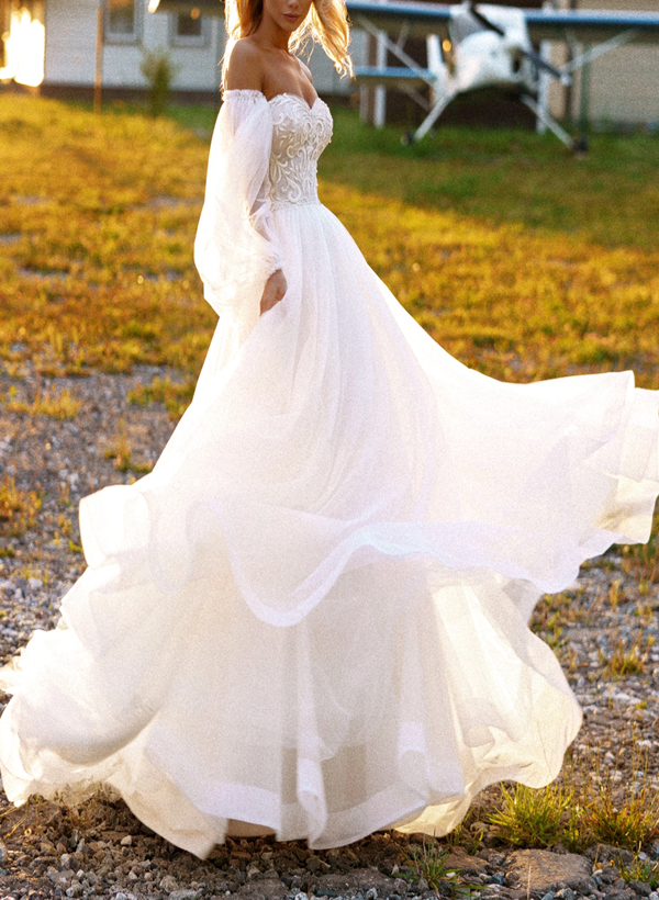 Ball-Gown Sweetheart 3/4 Sleeves Tulle Lace Sweep Train Wedding Dress With Beading Appliques Lace
