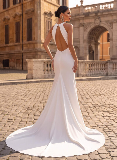 Back Hole Trumpet/Mermaid Scoop Neck Sleeveless Elastic Satin Sweep Train Wedding Dress