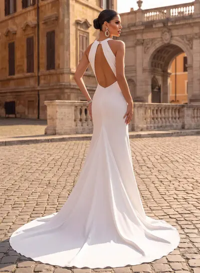 Back Hole Trumpet/Mermaid Scoop Neck Sleeveless Elastic Satin Sweep Train Wedding Dress