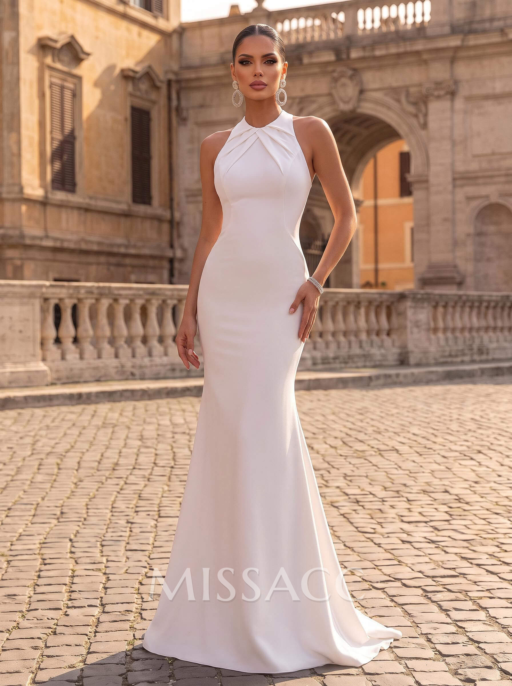 Back Hole Trumpet/Mermaid Scoop Neck Sleeveless Elastic Satin Sweep Train Wedding Dress