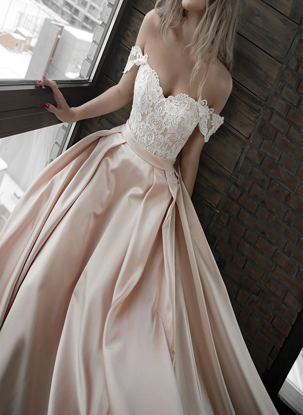 A-Line Off-the-Shoulder Sleeveless Satin Court Train Wedding Dress With Appliques Lace 