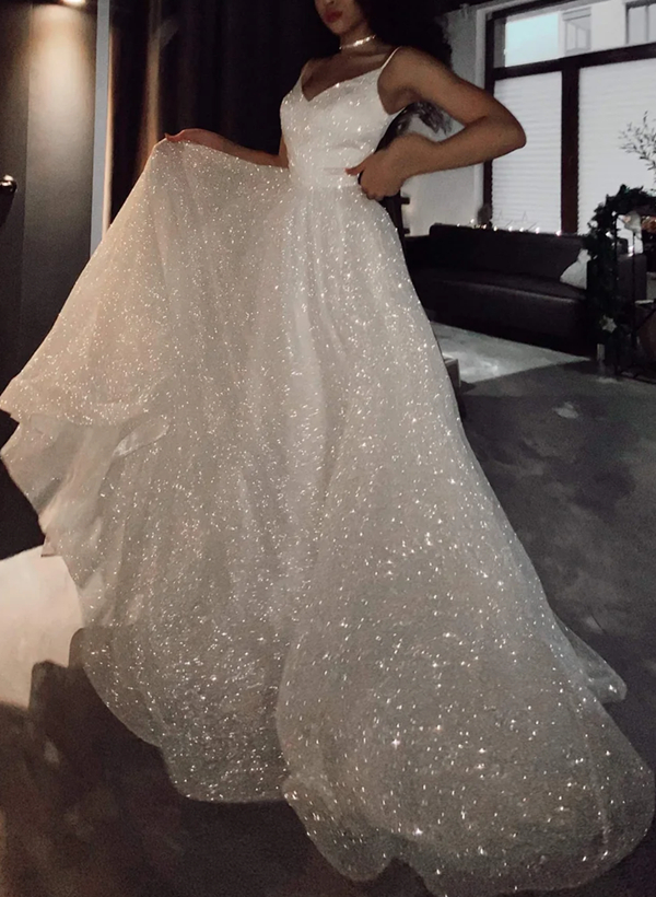 Shiny Ball-Gown Sequined Wedding Dress With Sweep Train