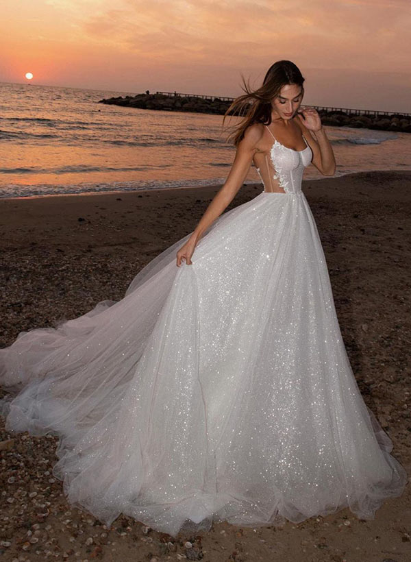 A-Line Scoop Neck Sweep Train Tulle Wedding Dress With Appliques Lace