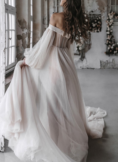 A-Line Sweetheart Sweep Train Tulle Wedding Dress