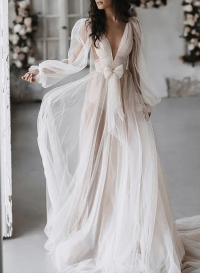 A-Line V-Neck Sweep Train Tulle Wedding Dress 