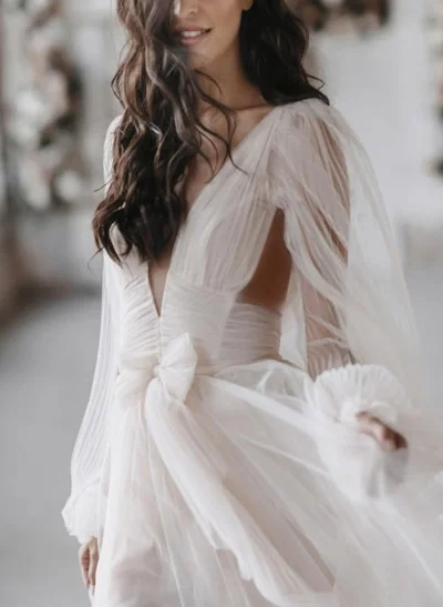A-Line V-Neck Sweep Train Tulle Wedding Dress 