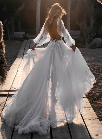 A-Line V-Neck Sweep Train Tulle Wedding Dress With Lace