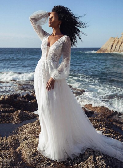 A-Line V-Neck Sweep Train Tulle Wedding Dress With Lace