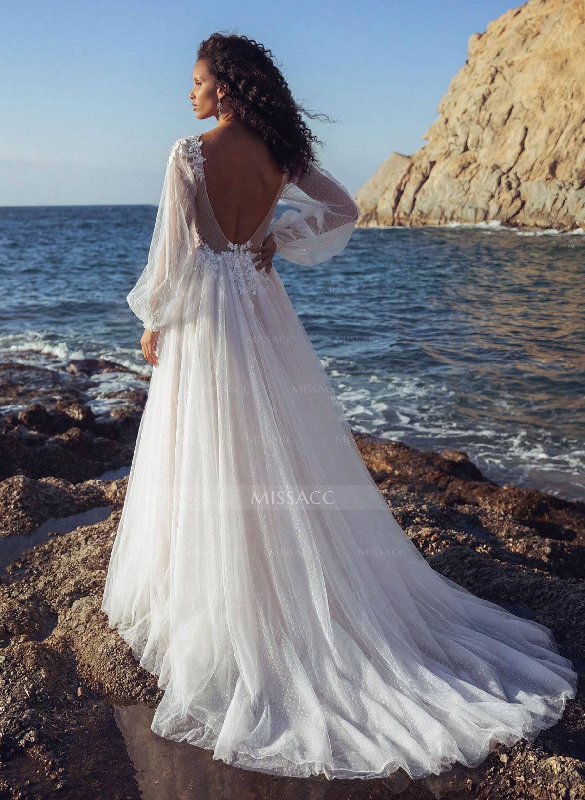 A-Line V-Neck Sweep Train Tulle Wedding Dress With Lace