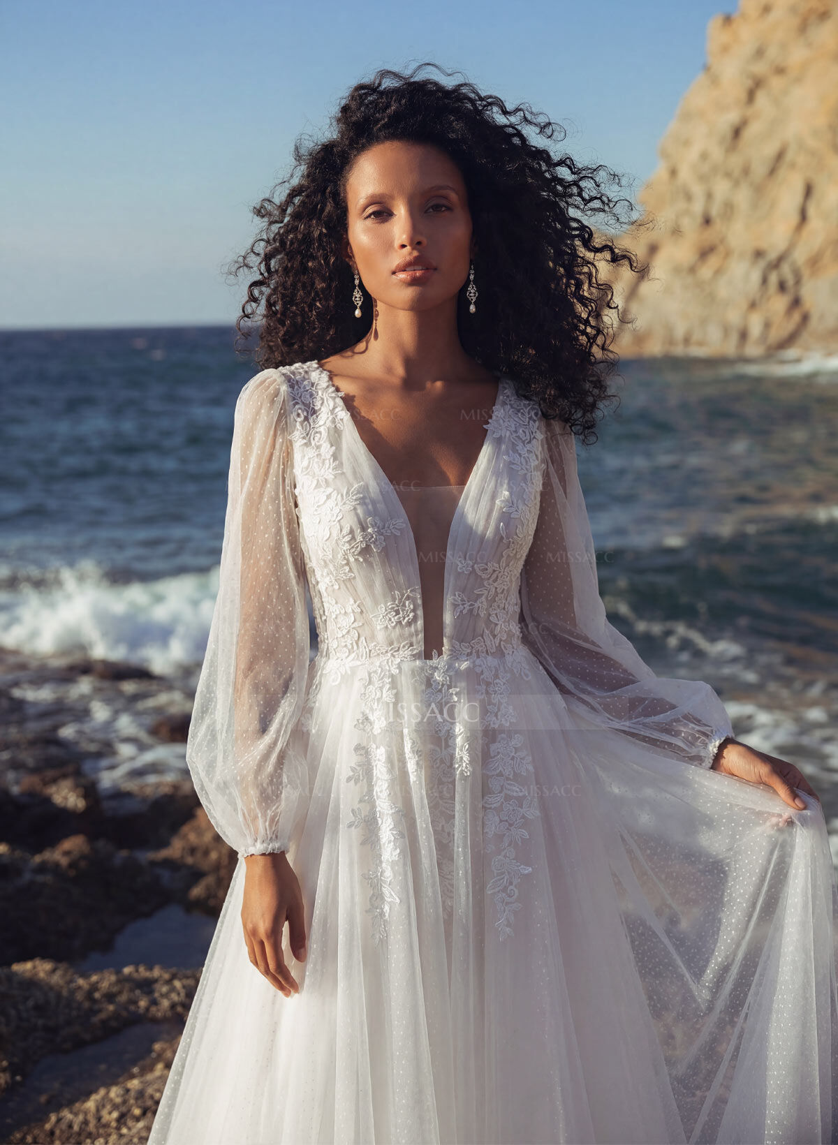 A-Line V-Neck Sweep Train Tulle Wedding Dress With Lace