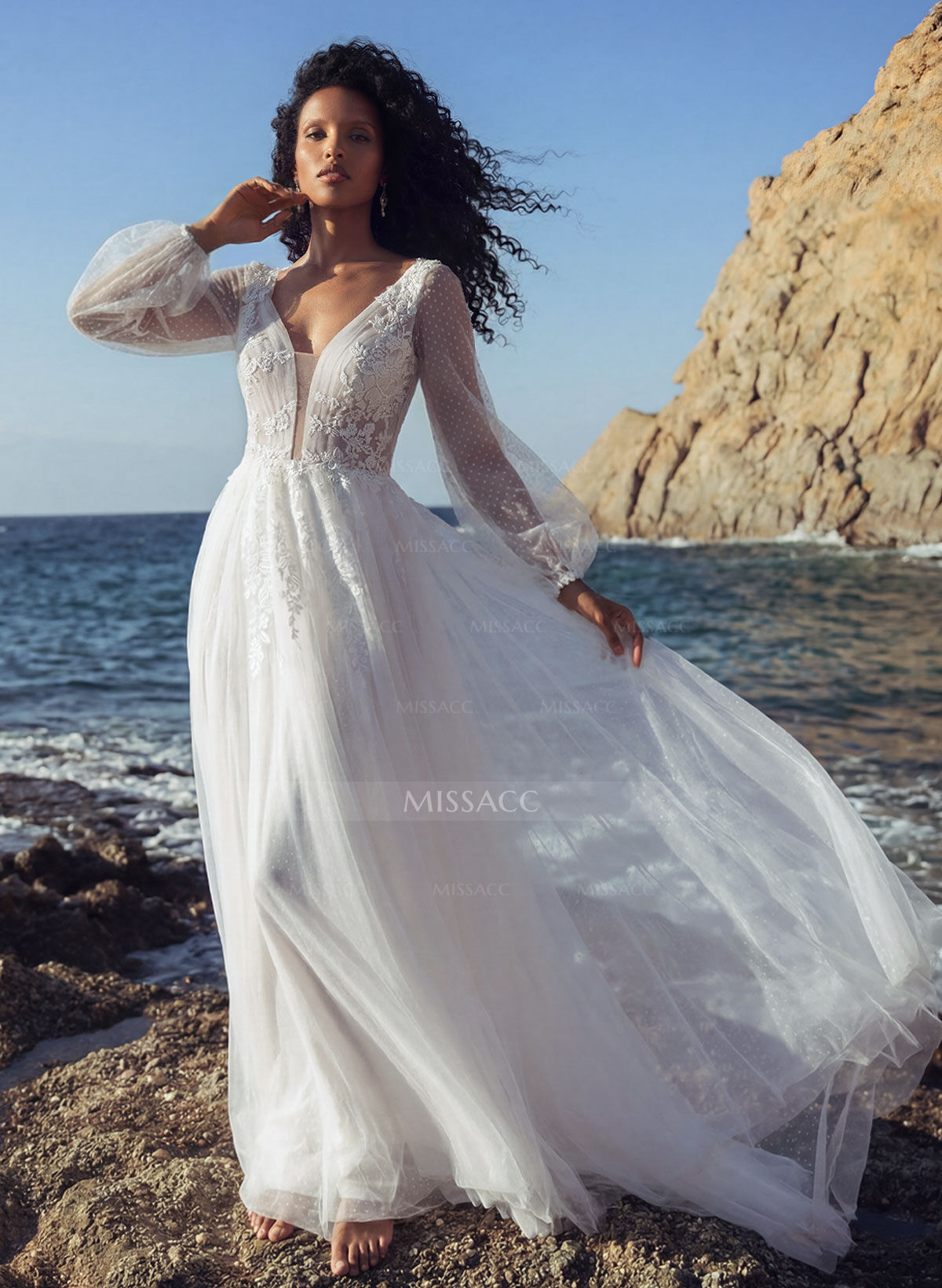 A-Line V-Neck Sweep Train Tulle Wedding Dress With Lace