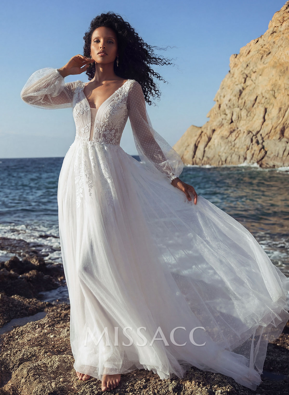 A-Line V-Neck Sweep Train Tulle Wedding Dress With Lace