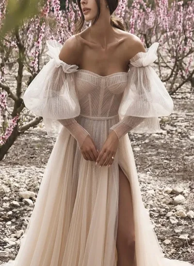A-Line Sweetheart Sweep Train Tulle Wedding Dress With Split Front