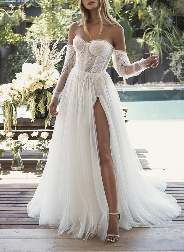 A-Line Sweetheart Sweep Train Tulle Wedding Dress With Split Front