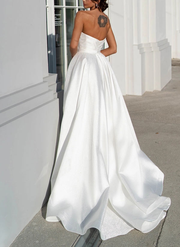A-Line Strapless Sweep Train Satin Wedding Dress With Split Front Bow