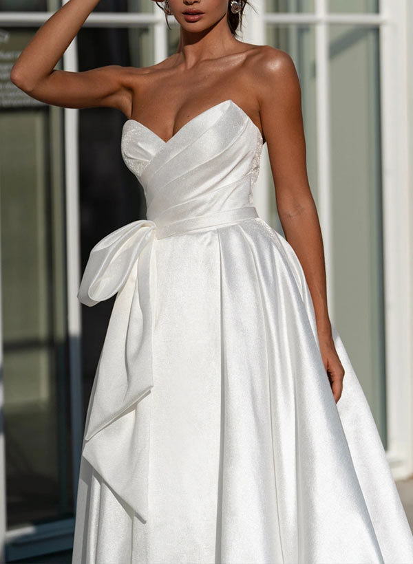 A-Line Strapless Sweep Train Satin Wedding Dress With Split Front Bow