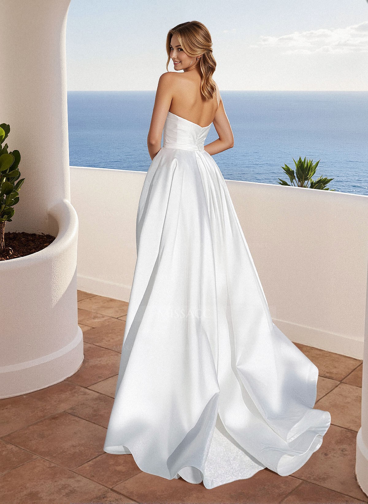 A-Line Strapless Sweep Train Satin Wedding Dress With Split Front Bow