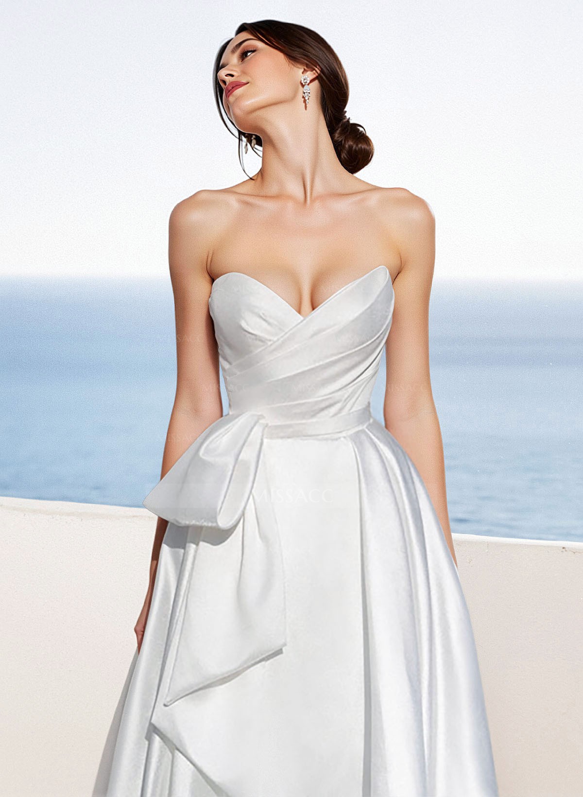 A-Line Strapless Sweep Train Satin Wedding Dress With Split Front Bow