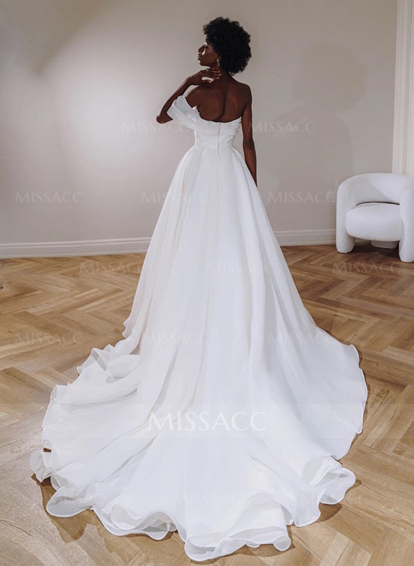 A-Line Strapless Sweep Train Wedding Dress With Split Front