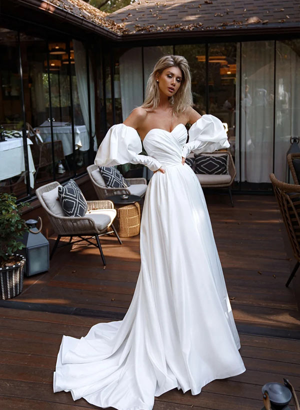 A-Line Strapless Sweep Train Satin  Wedding Dress With Split Front