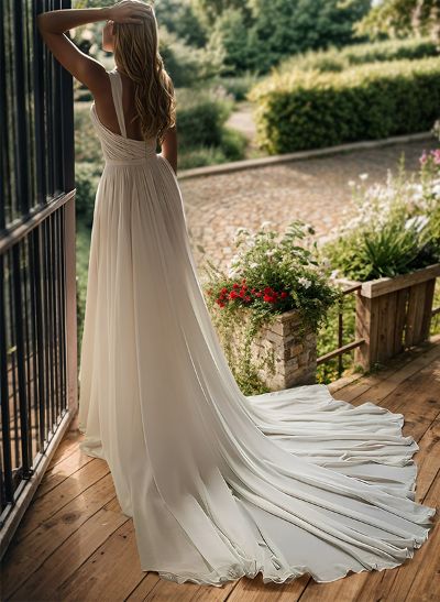 A-Line Sweep Train Chiffon Wedding Dress With Split Front