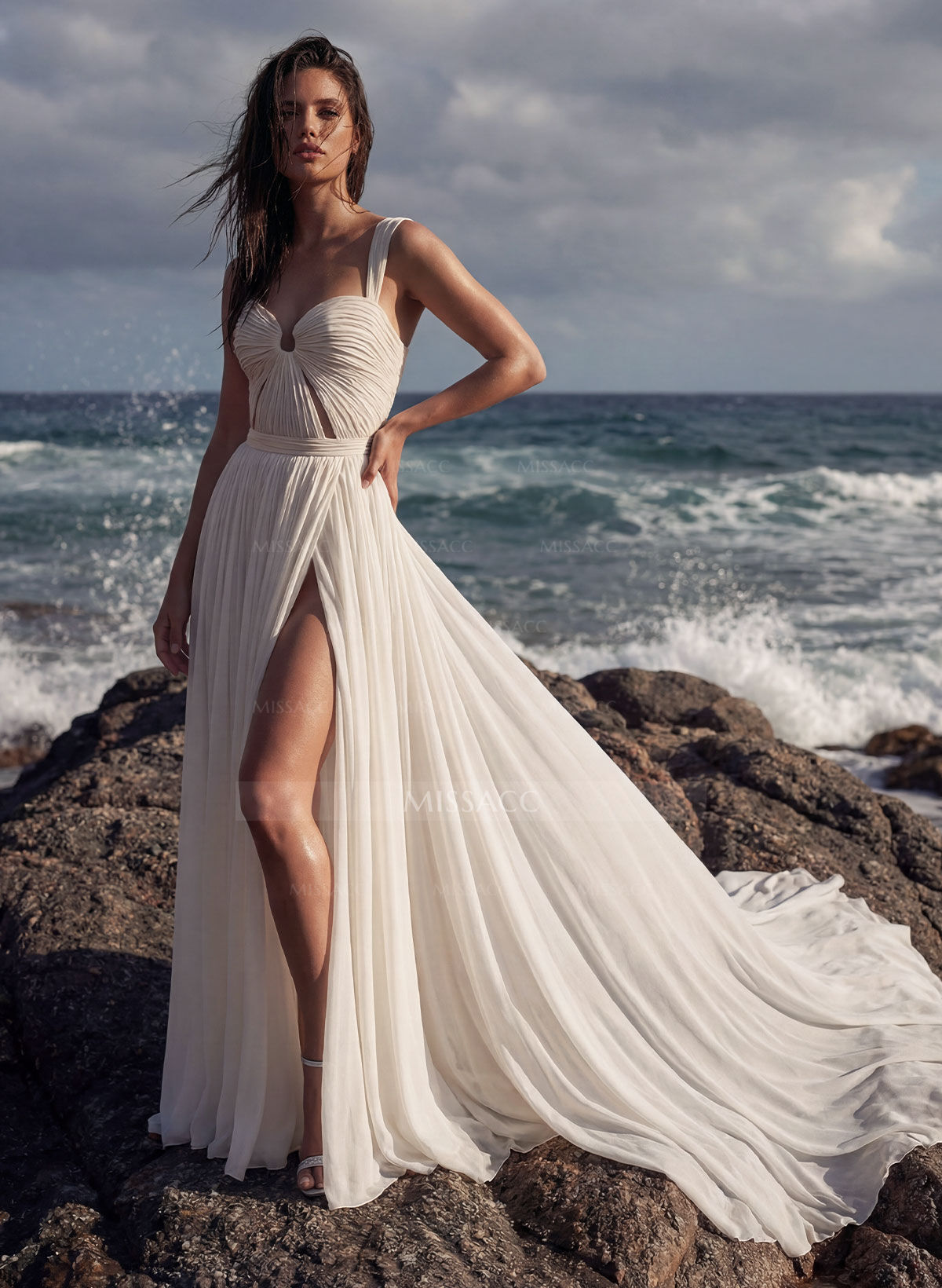 A-Line Chapel Train Chiffon Wedding Dress With Split Front