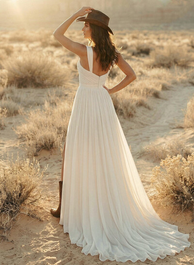 A-Line Chapel Train Chiffon Wedding Dress With Split Front