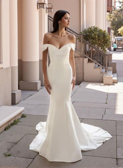 Trumpet/Mermaid Off-The-Shoulder Sweep Train Satin Wedding Dress