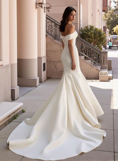 Trumpet/Mermaid Off-The-Shoulder Sweep Train Satin Wedding Dress