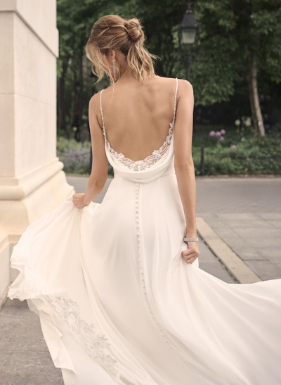 A-Line Cowl Neck Sleeveless Chiffon Court Train Wedding Dress With Appliques Lace