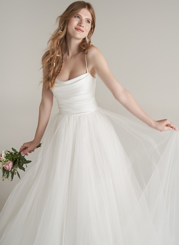 Ball-Gown Scoop Neck Sleeveless Tulle Satin Sweep Train Wedding Dress